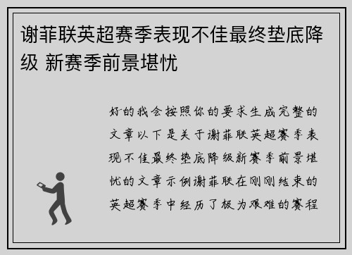 谢菲联英超赛季表现不佳最终垫底降级 新赛季前景堪忧 谢菲联英超赛季表现不佳最终垫底降级 新赛季前景堪忧