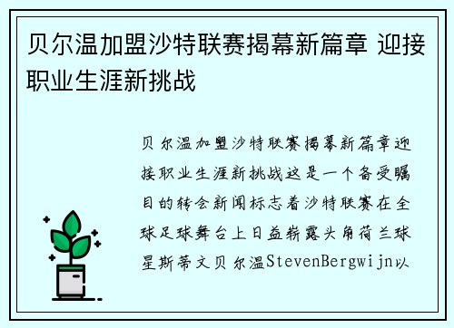 贝尔温加盟沙特联赛揭幕新篇章 迎接职业生涯新挑战