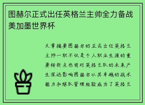 图赫尔正式出任英格兰主帅全力备战美加墨世界杯